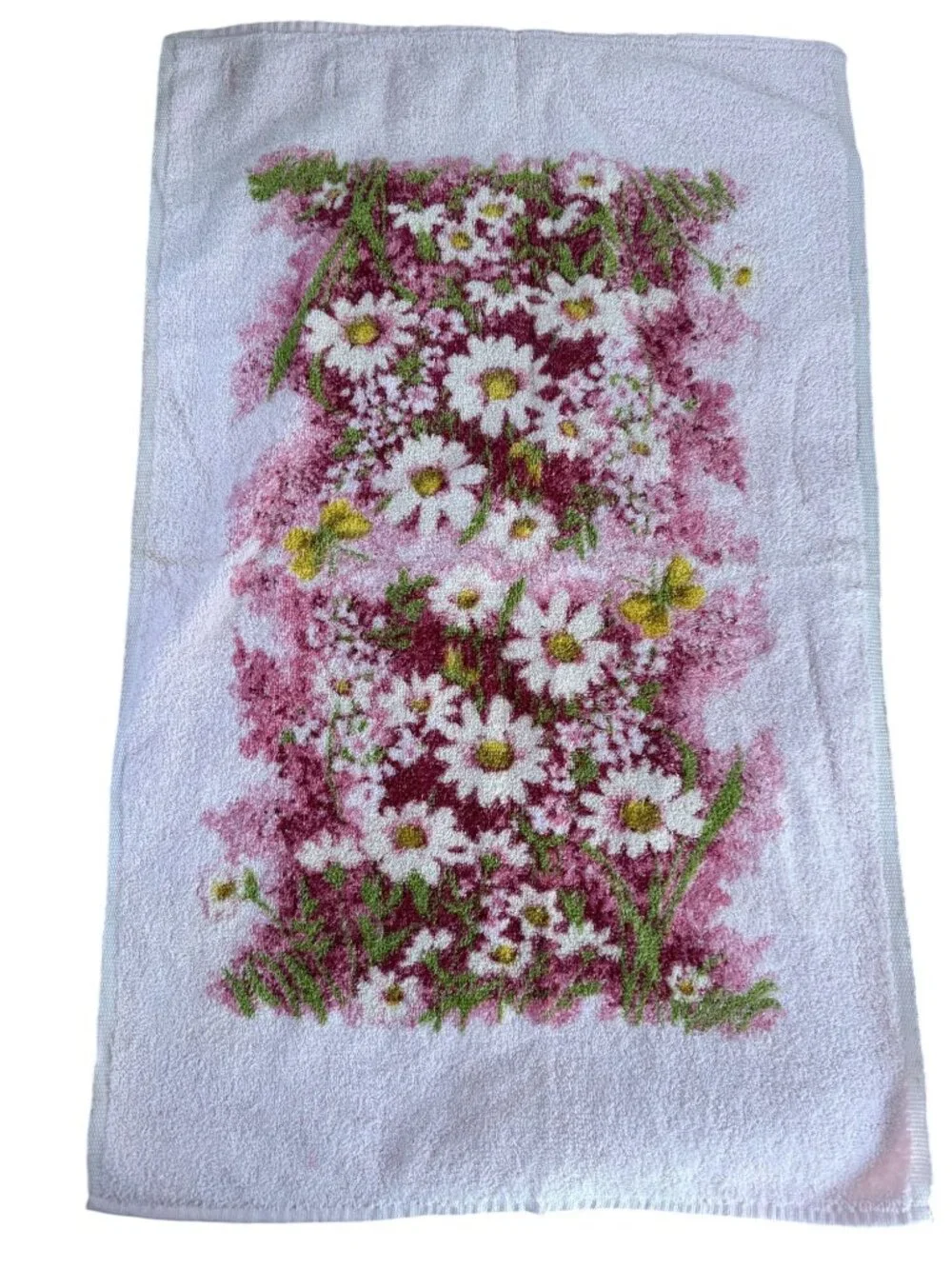 Vintage Sears Floral Print Bathroom Hand Towels Pink Daisy Design Cotton Blend